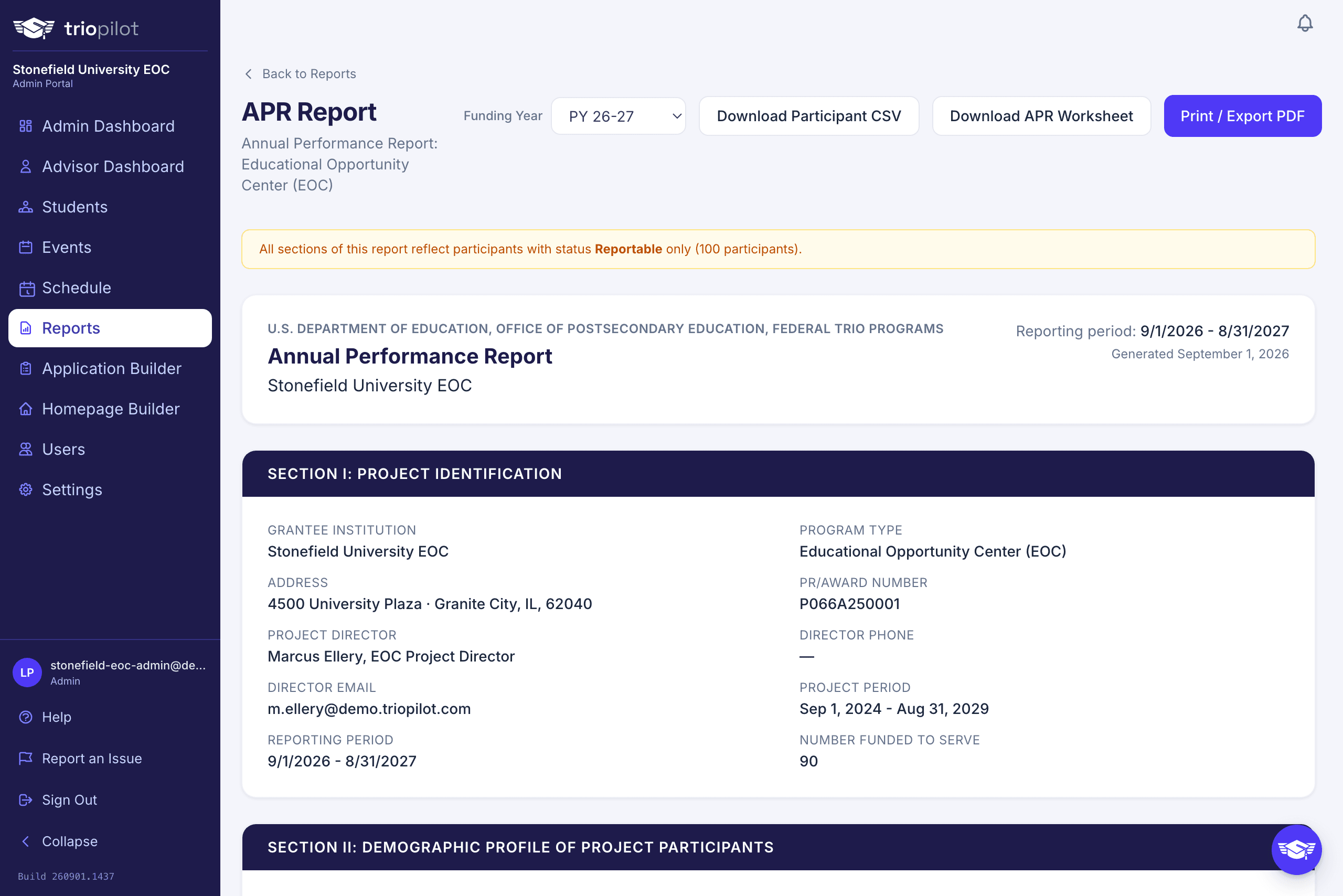 APR report dashboard, Sections I-IV