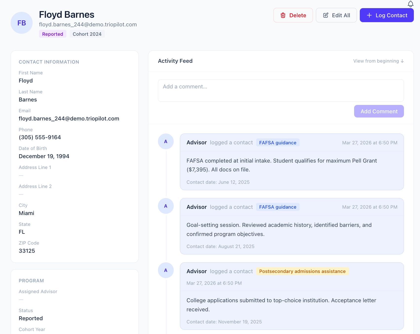 Advisor student profile view in TRIOPilot