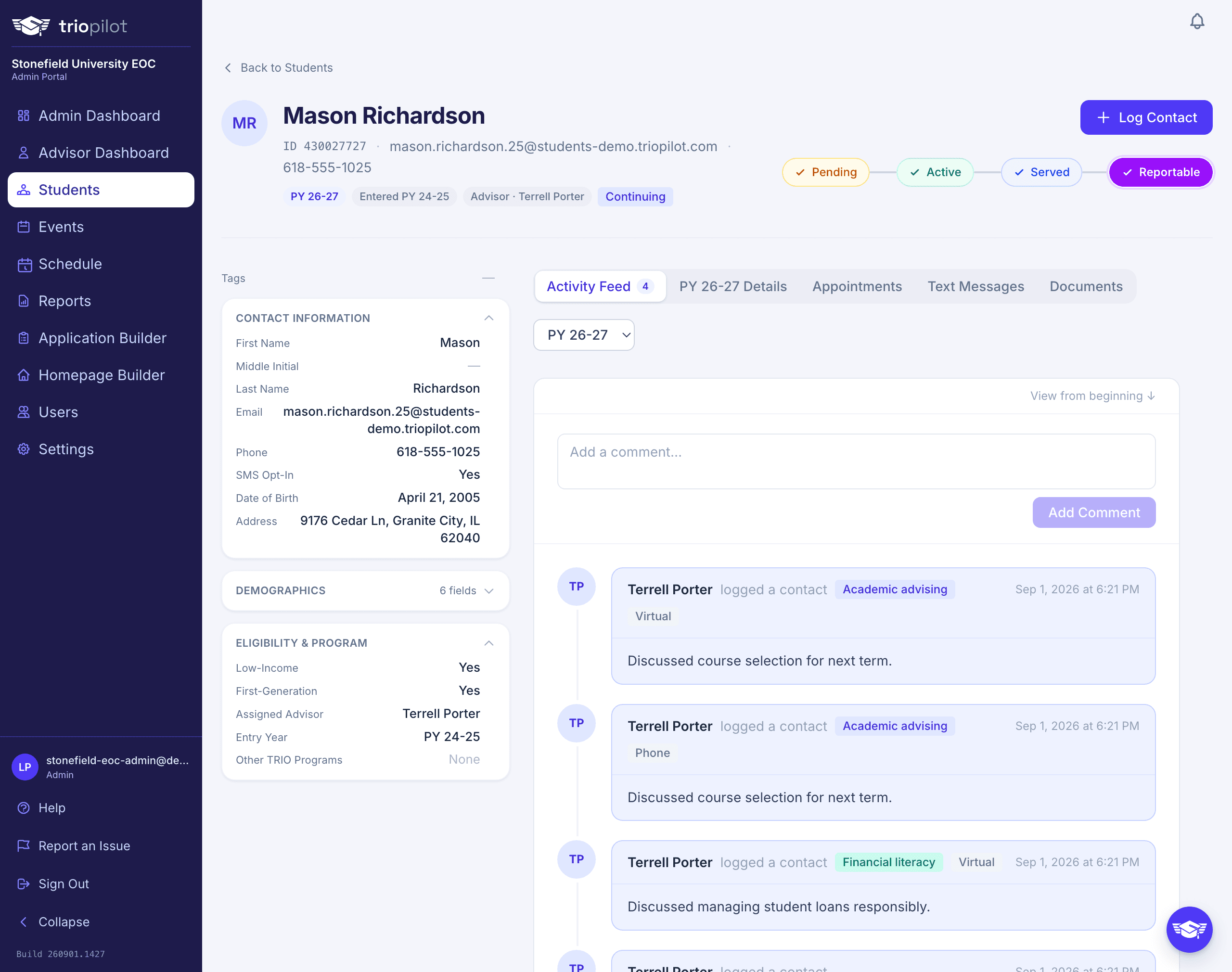 Advisor student profile view in TRIOPilot