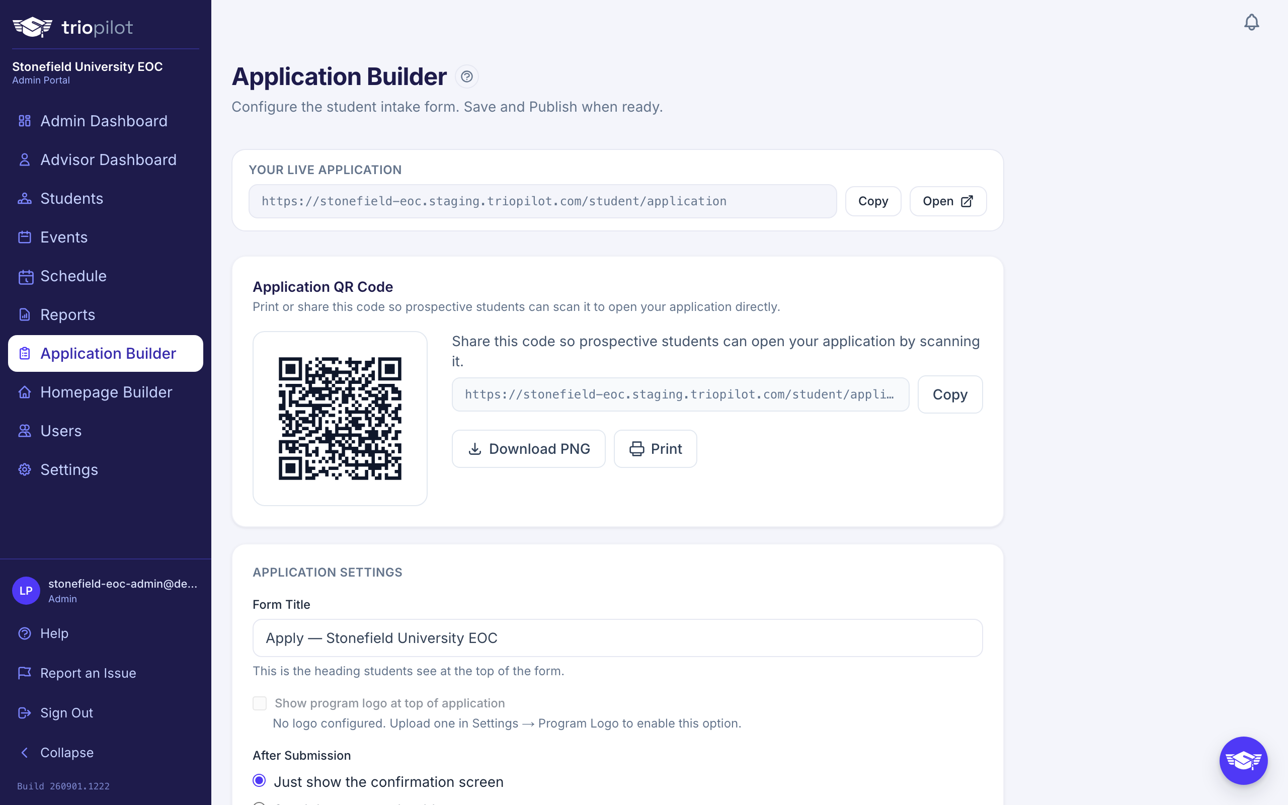 The Application Builder, with your live application link and your question list