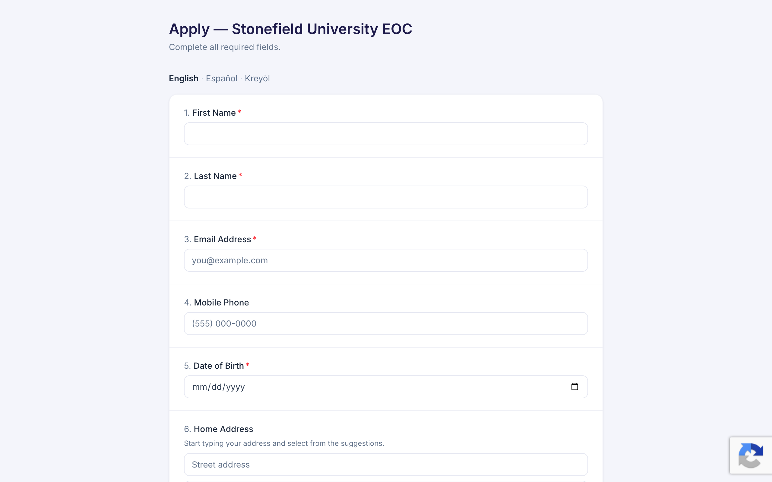 The public application form as an applicant sees it
