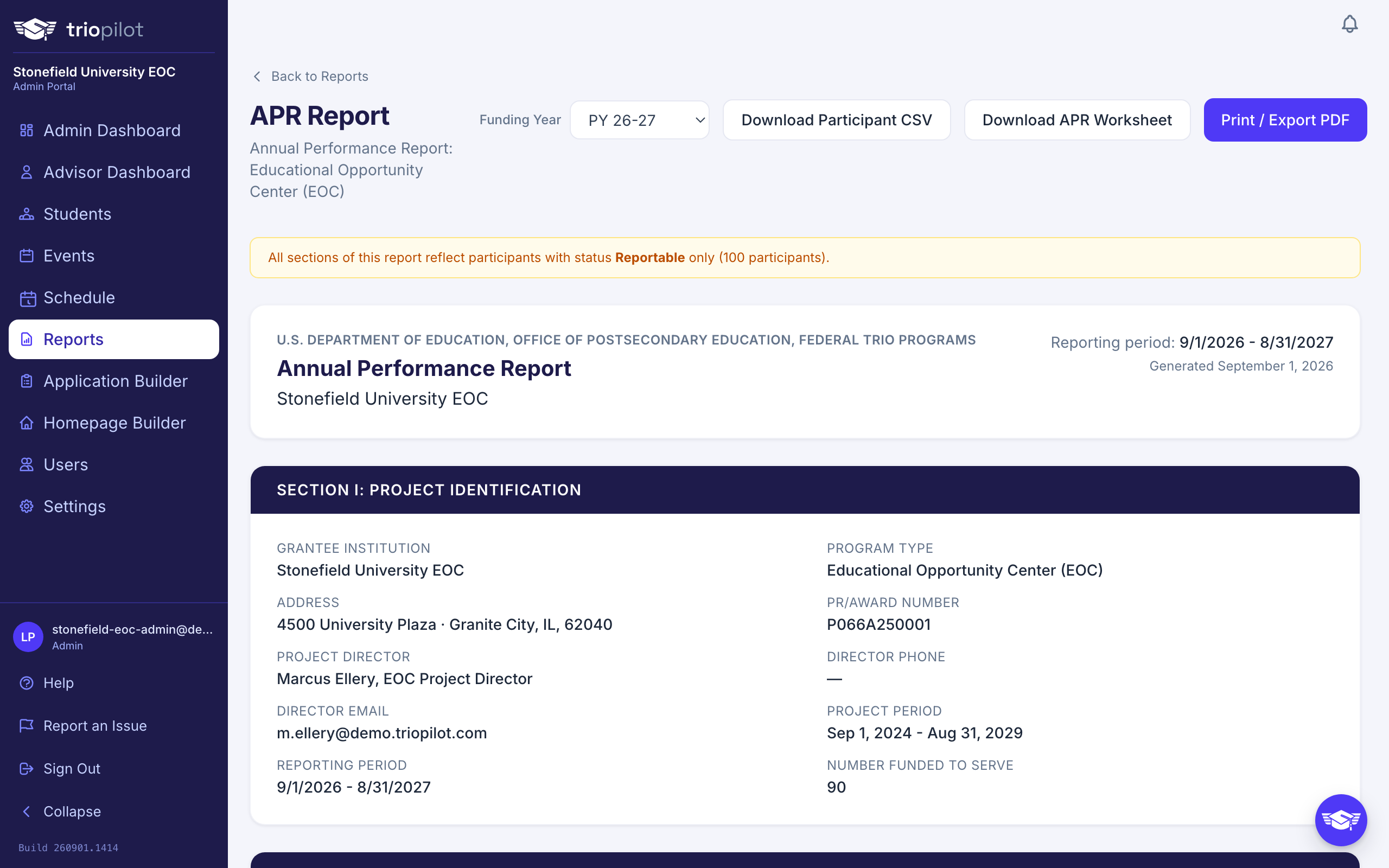 The APR report, with the funding year picker and the download buttons