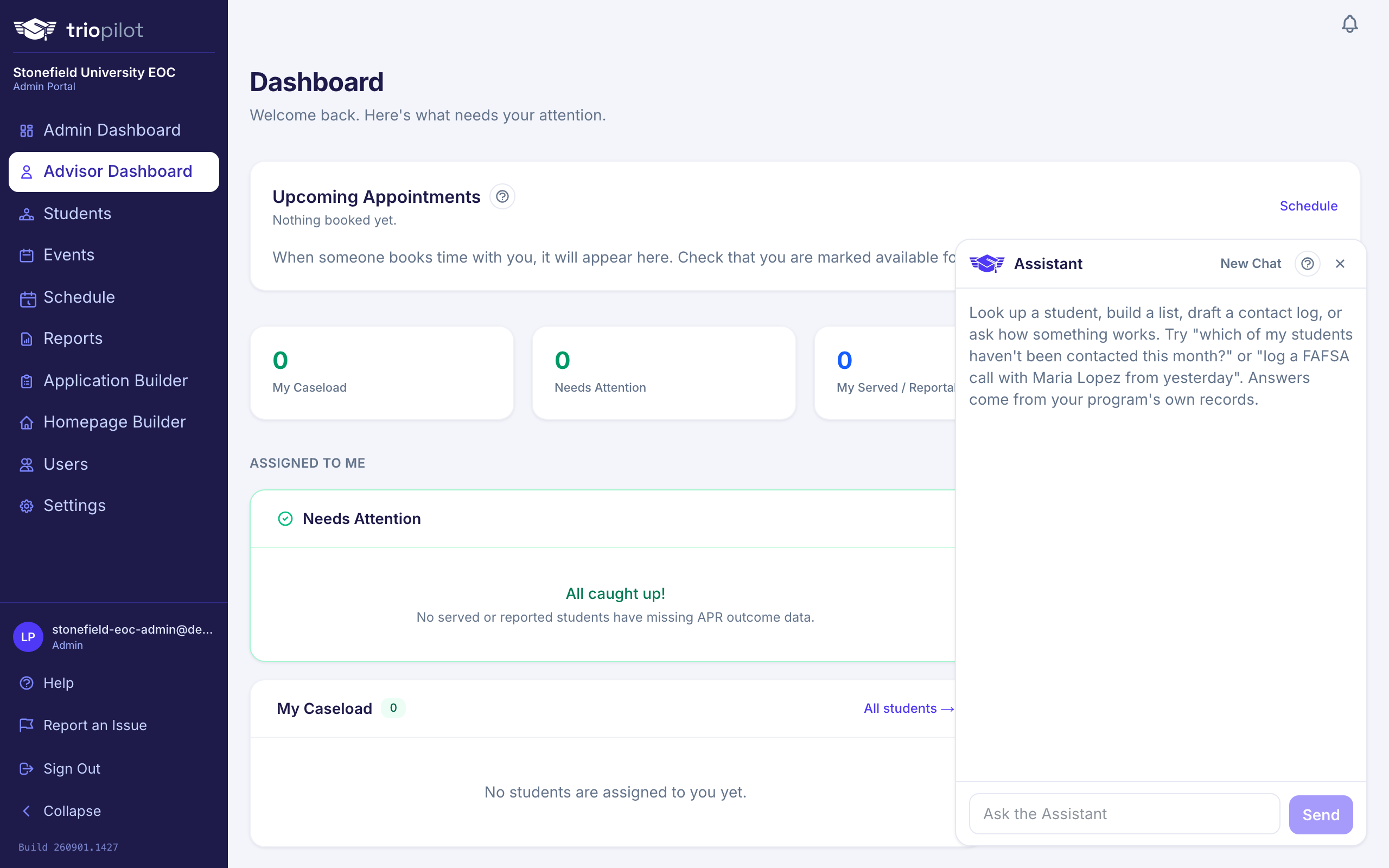 The assistant panel open on the advisor portal