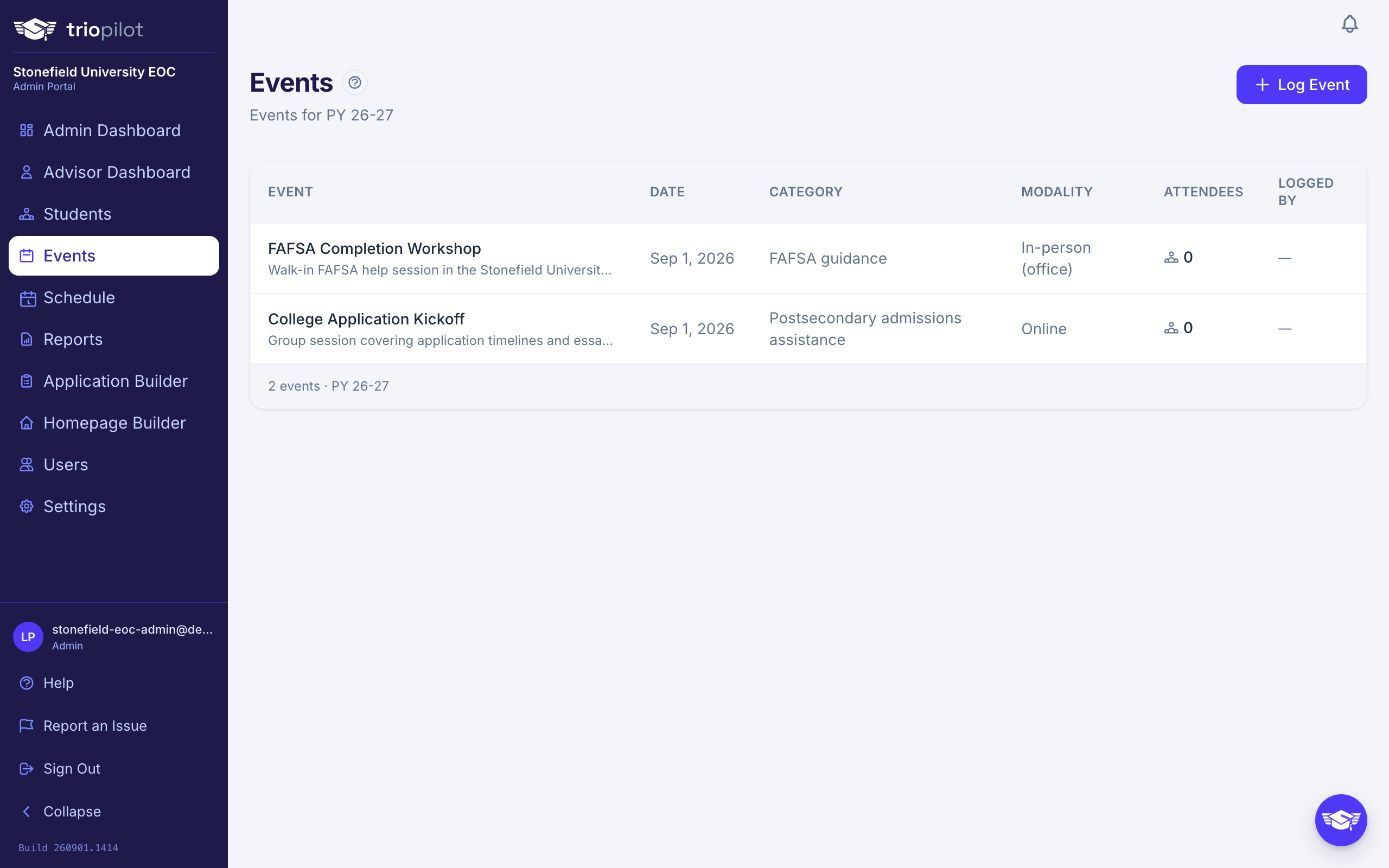 The Events page, listing this program year's events