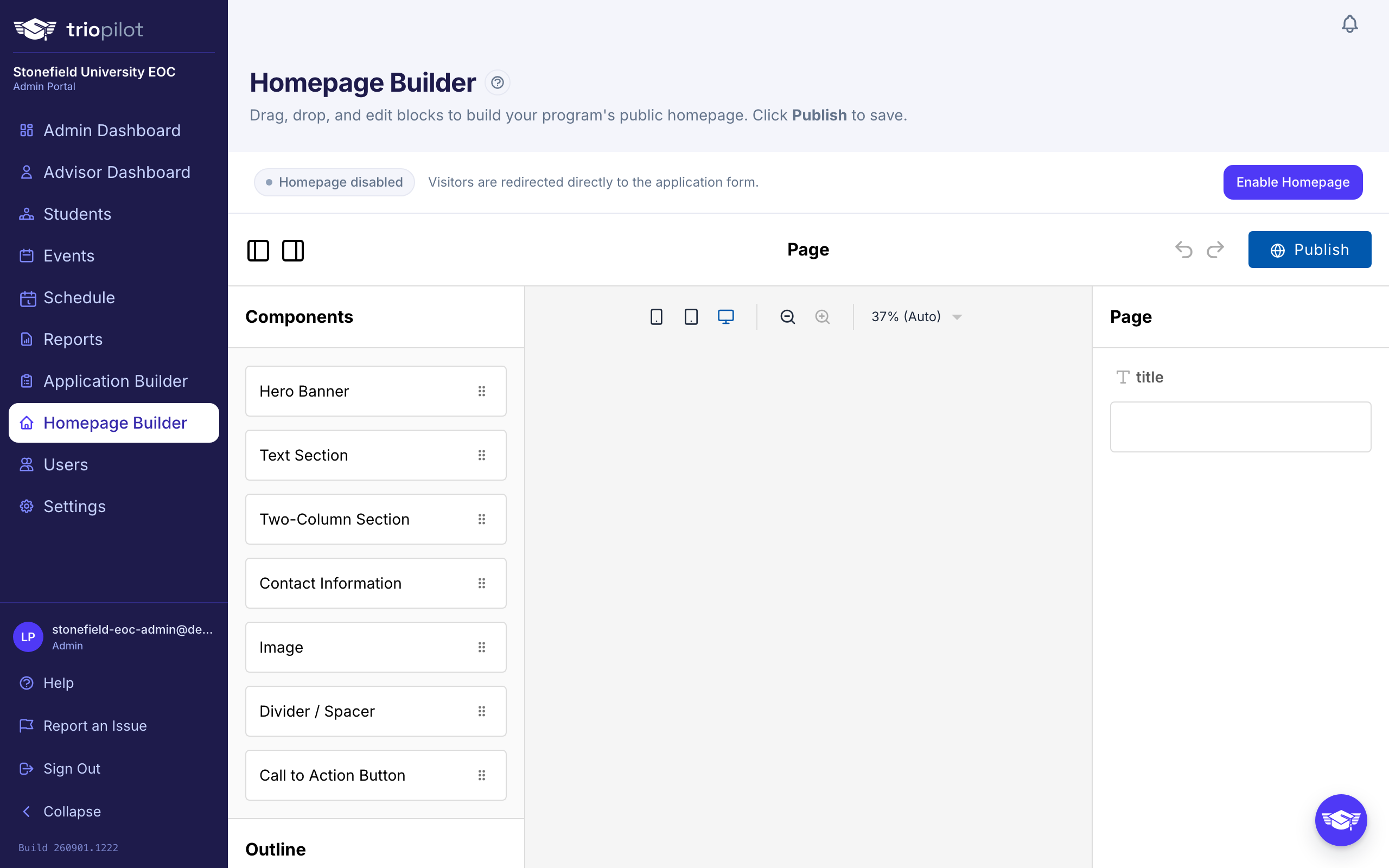 The Homepage Builder, editing blocks beside a live preview