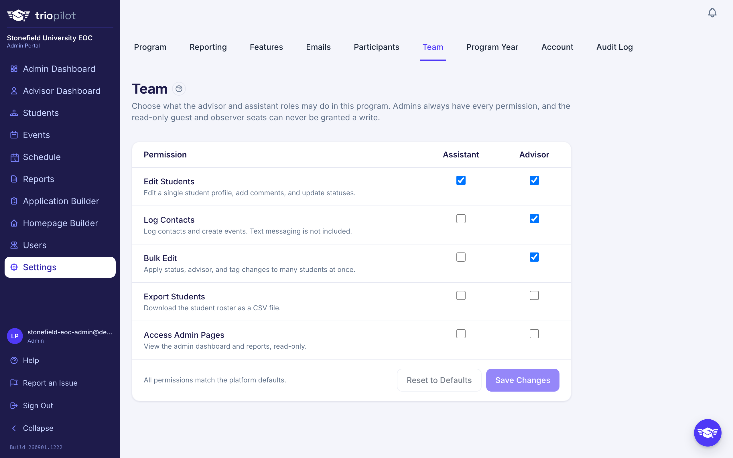 The Team tab's permission grid for the assistant and advisor roles