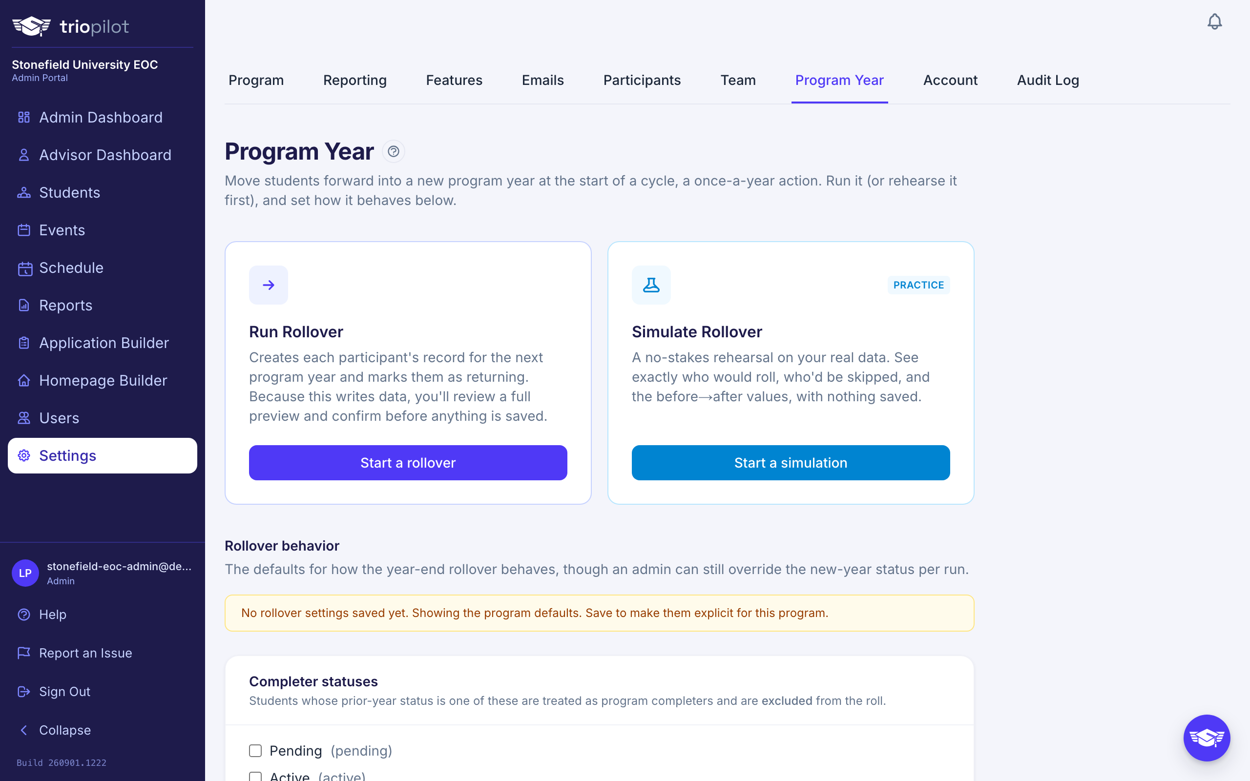 The Program Year tab in Settings: run rollover, rehearse it, and set its behavior