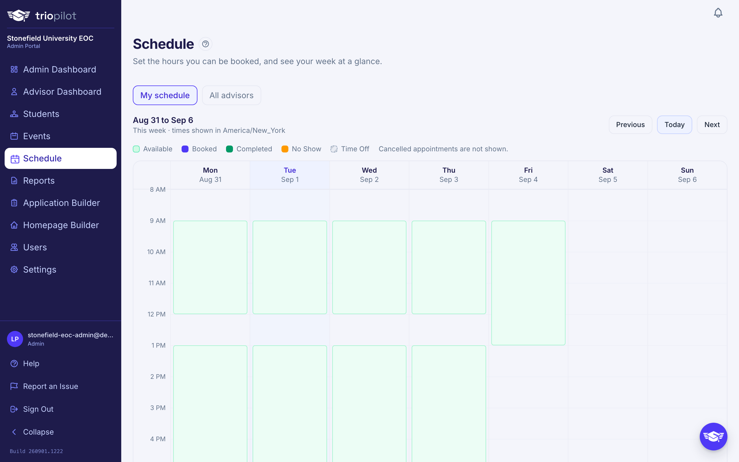 The Schedule page's week calendar, showing published hours, bookings, and blocked time