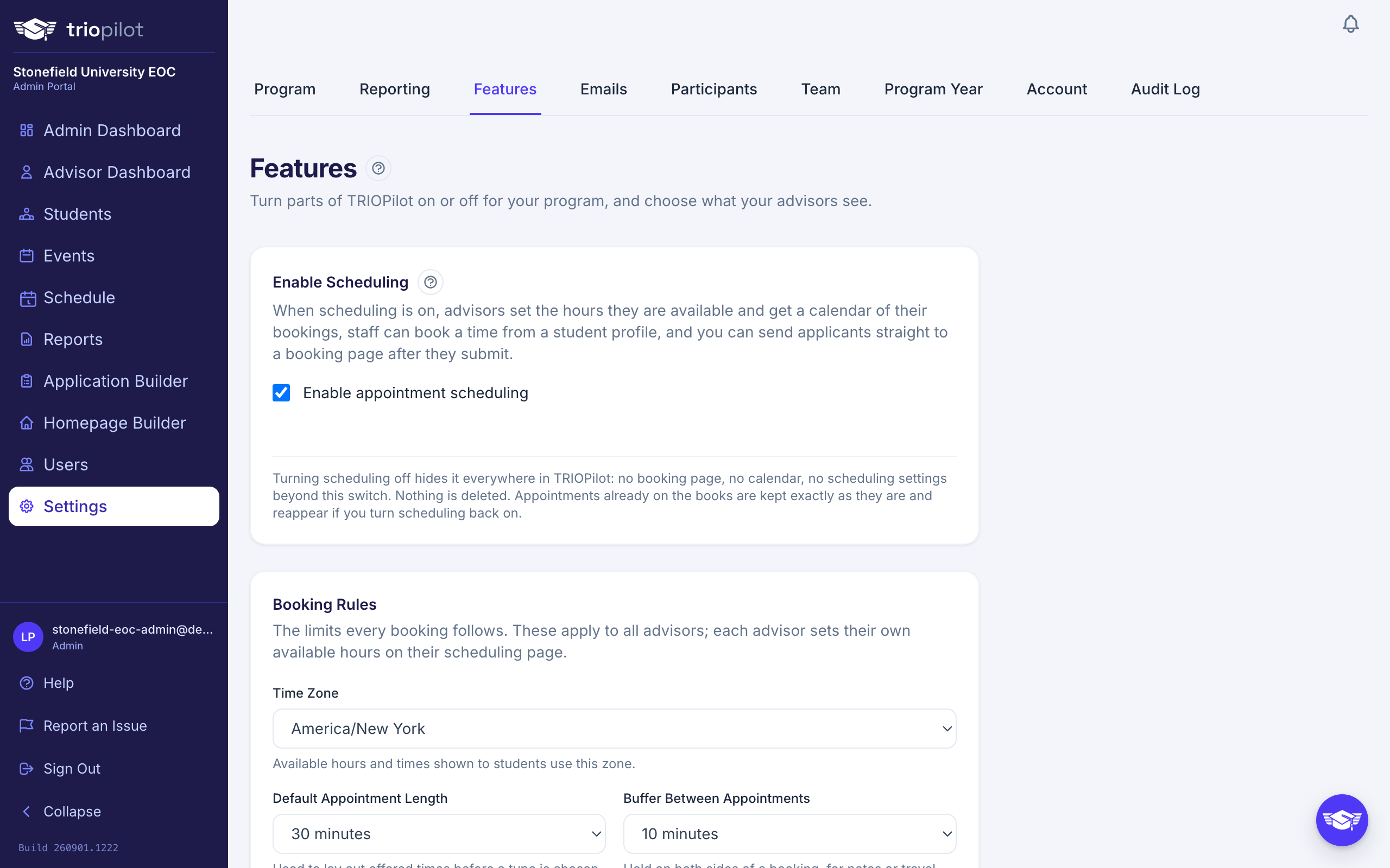 The Features tab of Settings, where scheduling is switched on