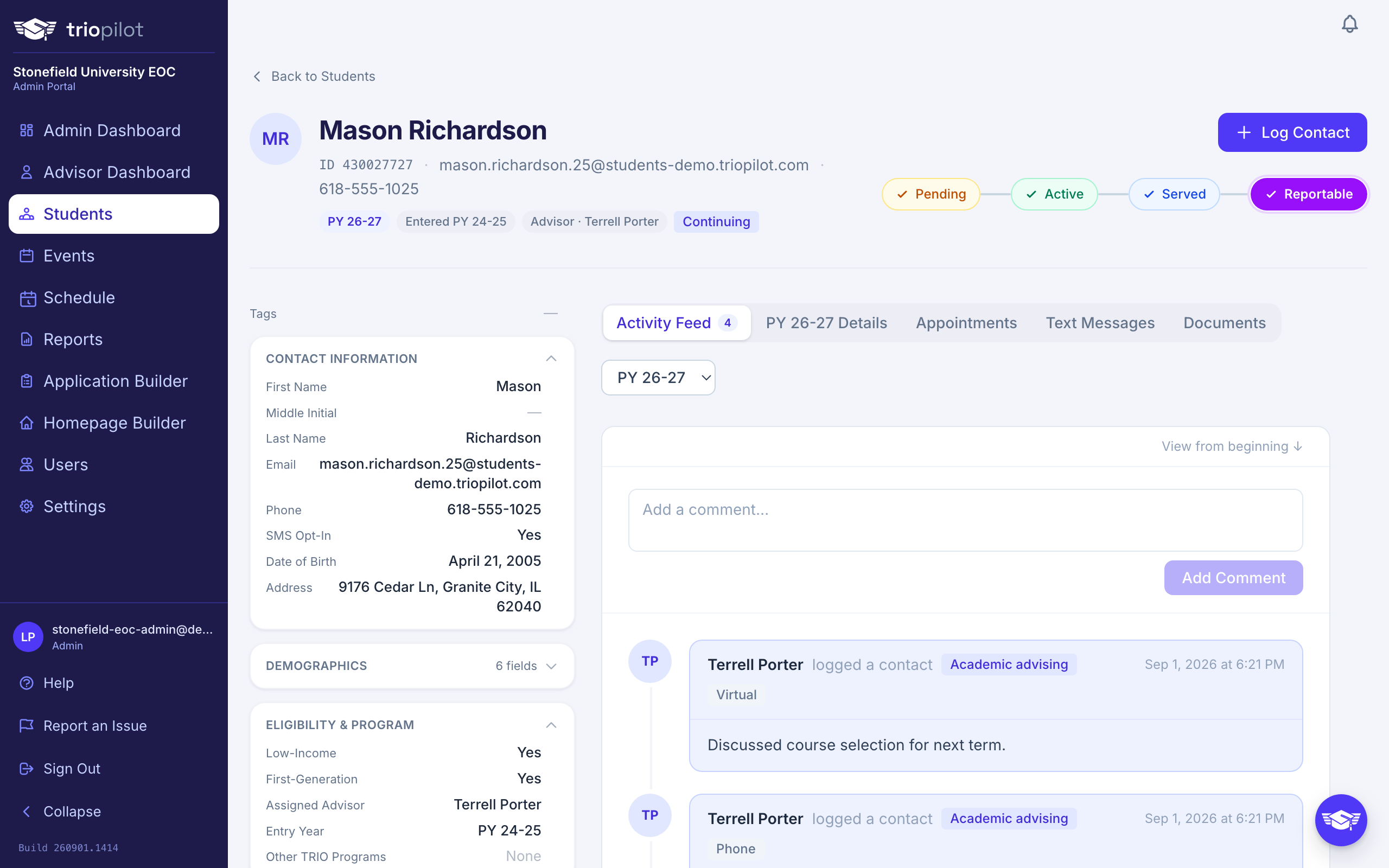Editing fields inline on a student profile