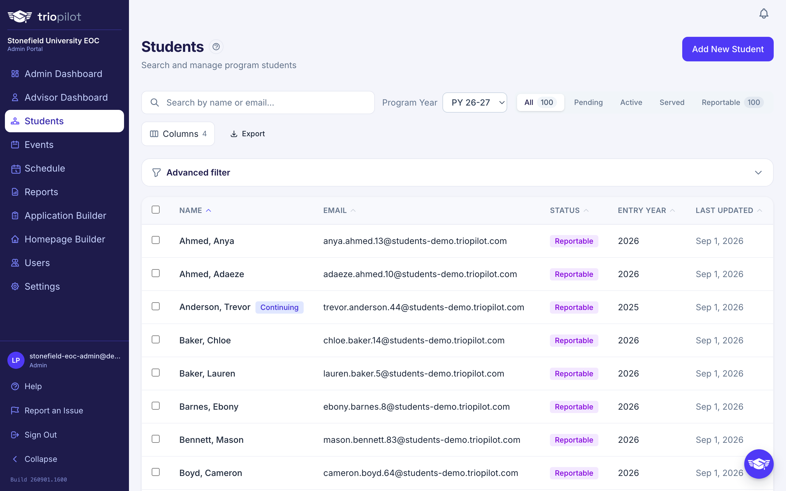 The students list with search, status tabs, and filters